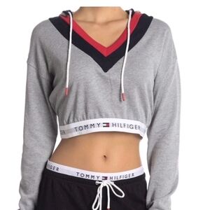 Tommy Hilfiger Gray and Red V-Neck Cropped Hoodie